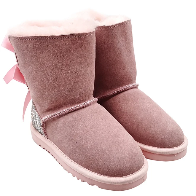 Wholesale fashion ladies sheepskin kids women winter snow ribbon fur boots with bows 2023 snow boots