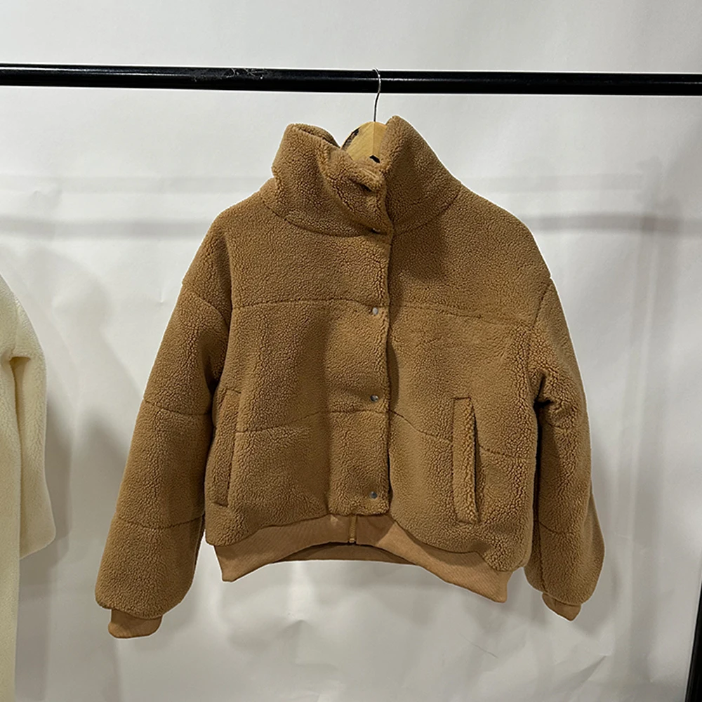 Custom high quality fleece jacket zip up button fur coat thickening with cotton sherpa teddy fleece jacket for women