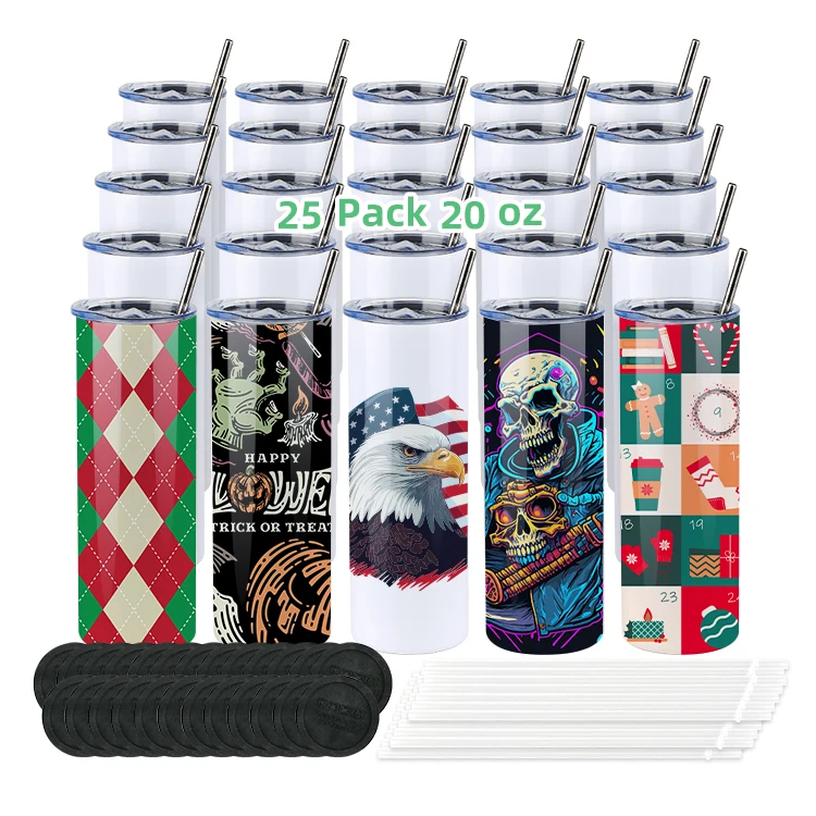 Us Wholesale 20oz Stainless Steel Sublimation Blank Sublimation Tumbler Cups With Lid Skinny Straight Tumbler With Plastic Straw