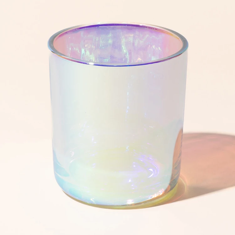 Wholesale unique holographic empty glass candle jar luxury pink iridescent candle jar with lid aura candle vessels