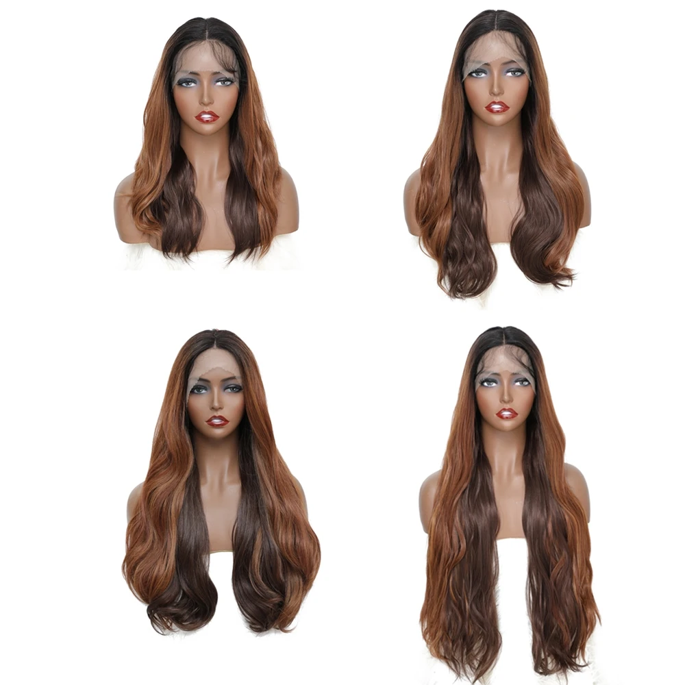 X-TRESS объемная волна синтетические кружева парики средней длины с эффектом деграде (переход от темного к коричневый средняя часть мягкая Швейцарский синтетические кружевные передние парики для женщин