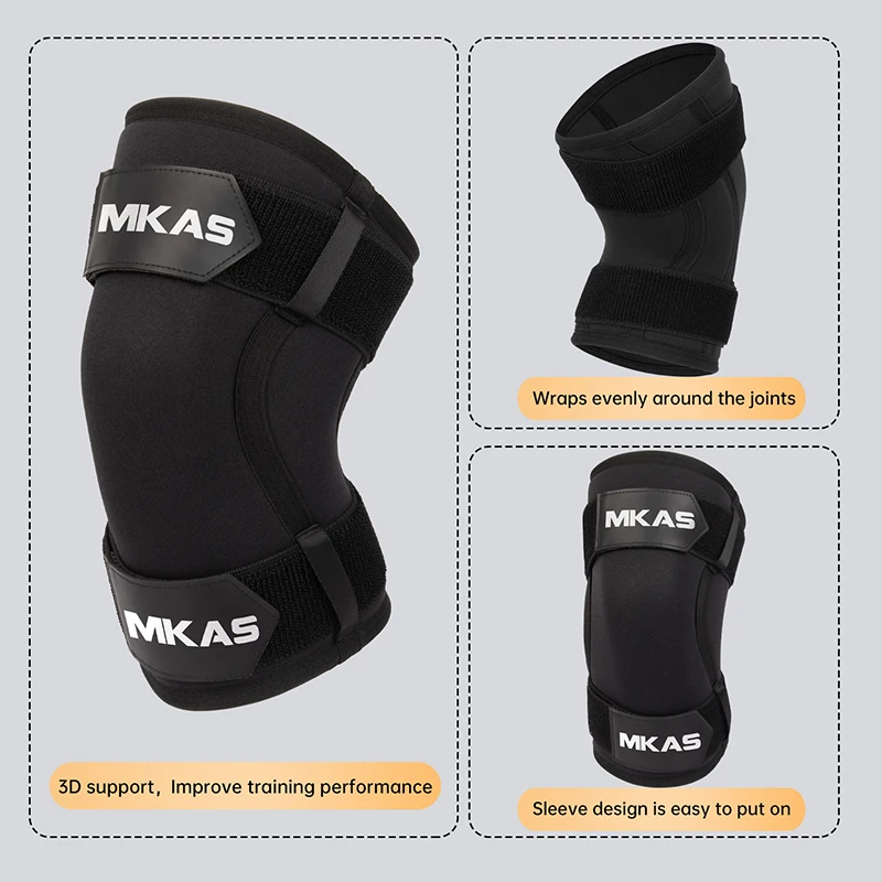 MKAS Fitness Black Anti Slip Adjustable Weightlifting Compression Elastic Knee Wraps Brace Neoprene Knee Sleeves