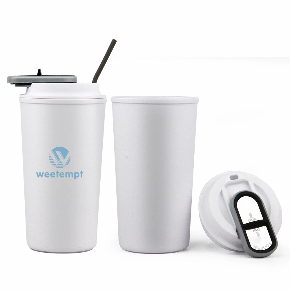 Eco-friendly Luxury 500ml Double Walled PP Plastic Coffee Travel Thermal Mugs Cups with Logo Leak-proof Lid and Silicone Straw