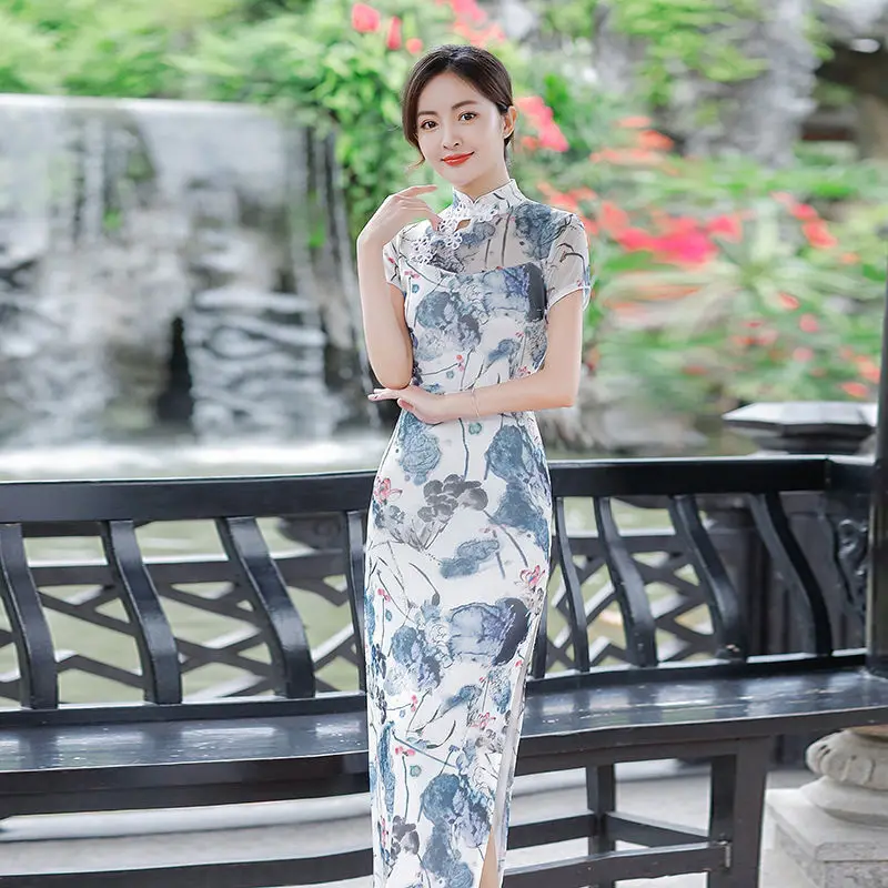 Fashion flower printing women casual cheongsam medium style ladies large size vintage dress on sale