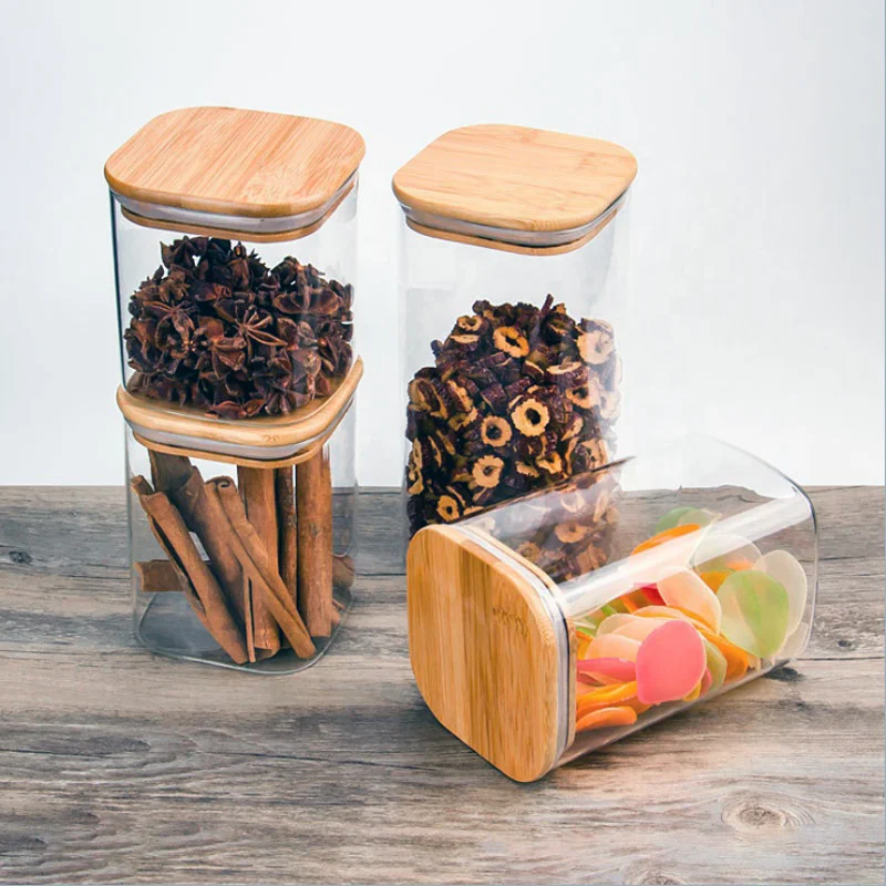 Kitchen Storage Tank High Borosilicate Spice Airtight Food Square Bamboo Cover Lid 1.6L Glass Storage Jar