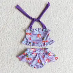 Boutique mermaid cartoon princess purple stripe miniskirt kids girls  clothing swimsuits swimwear