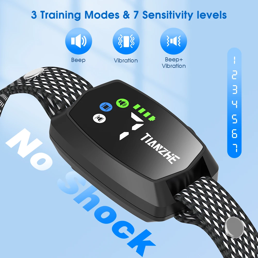 Custom Safe Humane No Shock Barking Collar Rechargeable Pet Dog Bark Control Collar with 3 Adjustable Modes Beep Vibration