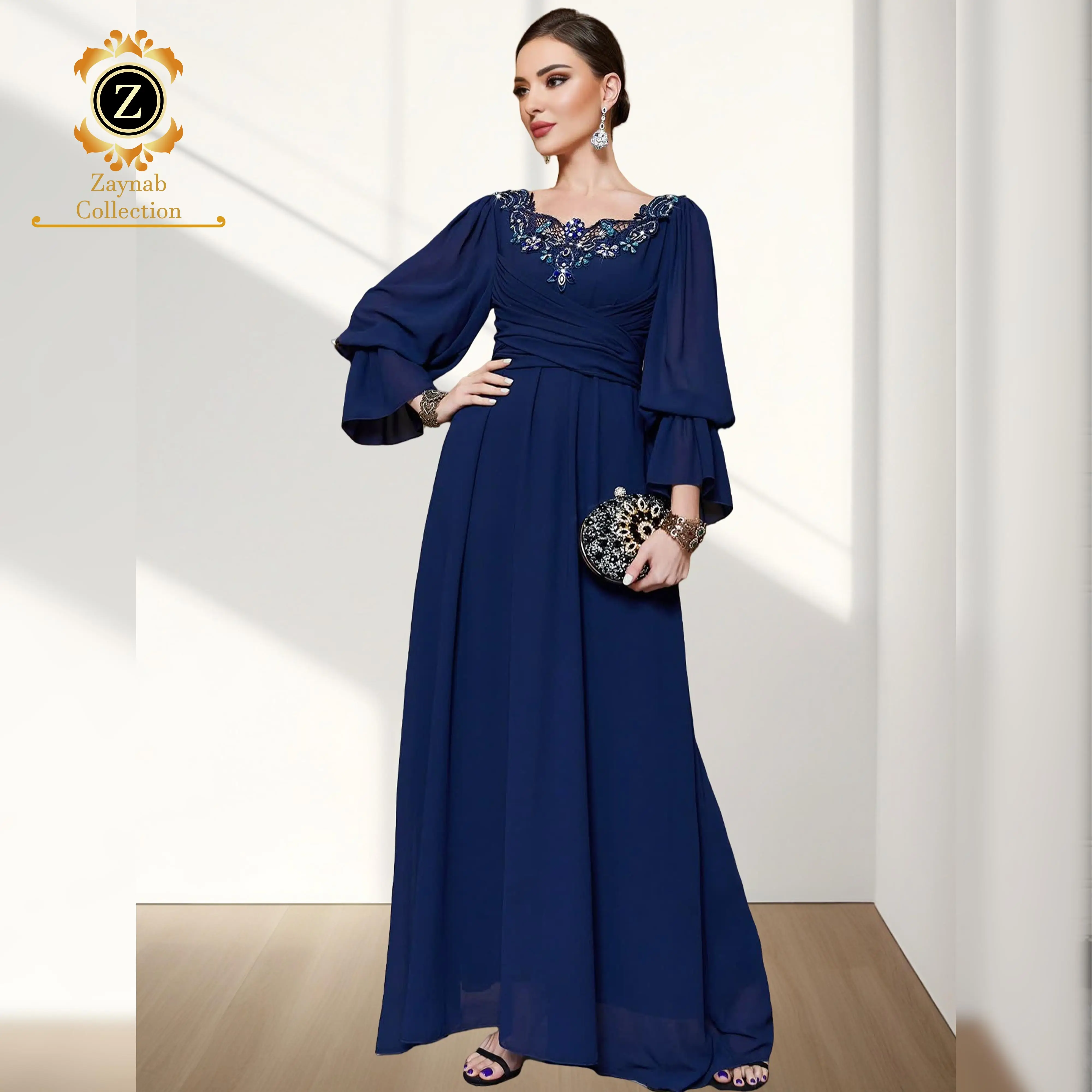 Zaynab Women Muslim Dress Dubai Kaftan Abaya Printed Fabric Women  Dress Turkey Dubai Gold Embroidered Velvet Elegant Abaya