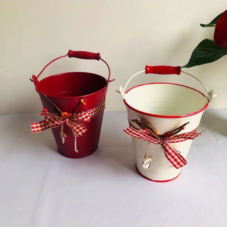 66 351Creative Home Garden Decor Gift Flower Bucket Iron Succulent Plant Pot With Handle Metal Flower Pot with Bowknot
