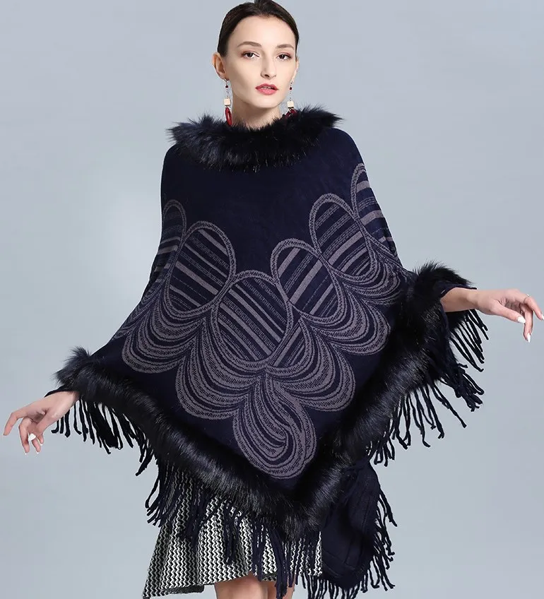 Trim Cape Cashmere Sweater Poncho Black Red Amazon Top Seller 2022 Wool and Faux Fox Fur Women Lady Adult Jacquard Winter Shawls