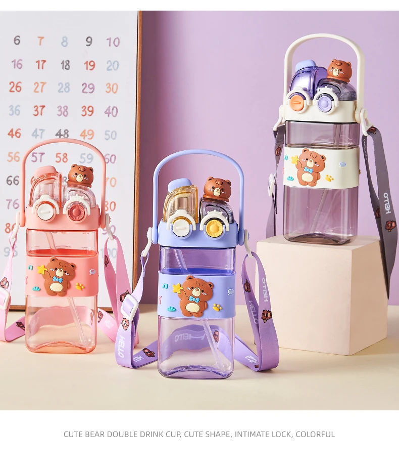 J94 580ml cute doll cartoon kids plastic water bottle with straw strap handle school double drink bear sports bottle for student
