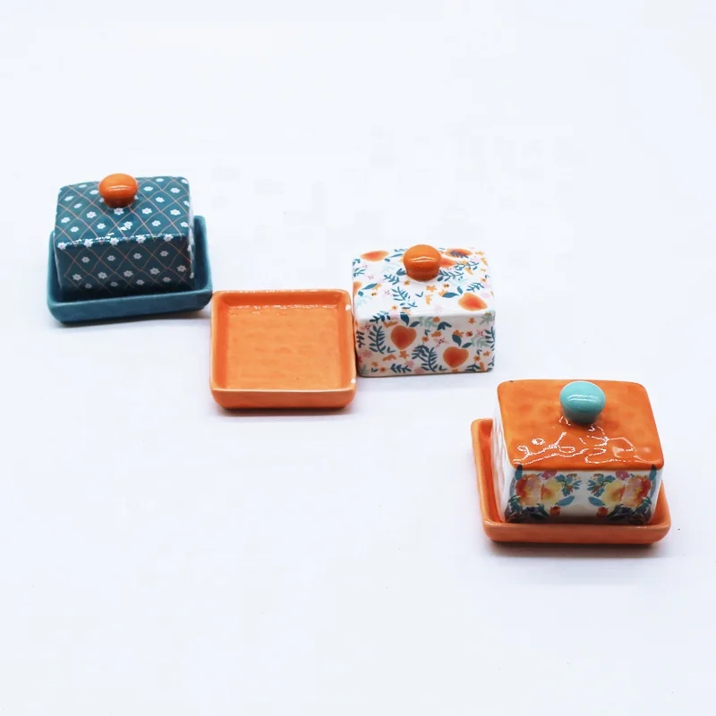 Ceramic butter holder custom porcelain blue small butter dish keeper
