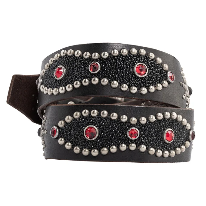 Studded Belt Self Edge STINGRAY Peanut Belt Cowhide Black Leather Nickel Buckle