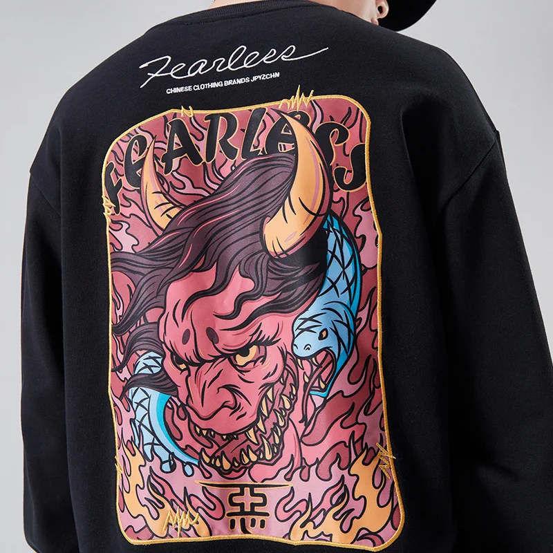 
 Свитер мужской с круглым вырезом, уличный свободный брендовый в стиле хип-хоп, с принтом дьявола, с национальным вышивкой, осень  