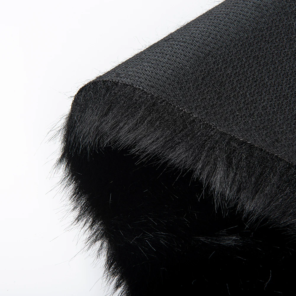 Black color 100% polyester faux fur fabric mink fox fur fabrics for hood scarves , winter ponchos, ladies pullovers