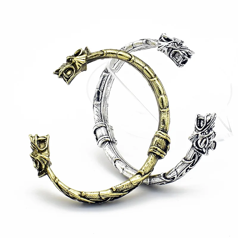 Wholesale Viking Bracelet  Pagan Jewelry Norse God Odin Wolf Heads Arm Rings Ancient Silver Plating Twisted Cuff Bracelet