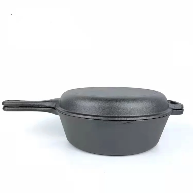 Cast iron outdoor cookware set 2 in 1 double usage camp pot with grill pan as lid oil preseasoned cook set customize available