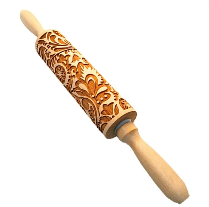Wooden rolling pin beech laser engraving printing rolling pin embossing rolling skin Christmas fondant cookie pressing stick