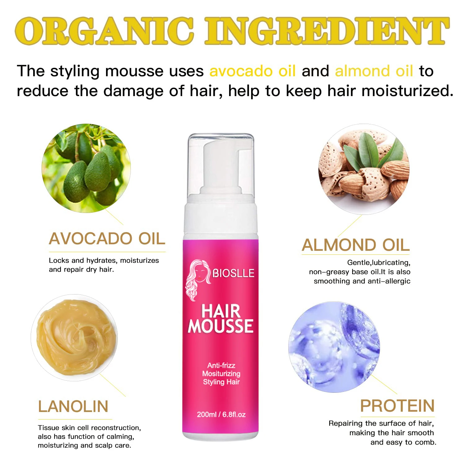 BIOSLLE Private Label Custom Logo Braids Strong Hold Define Curl Anti-frizz Wigs Styling Hair Foam Hair Curly Mousse