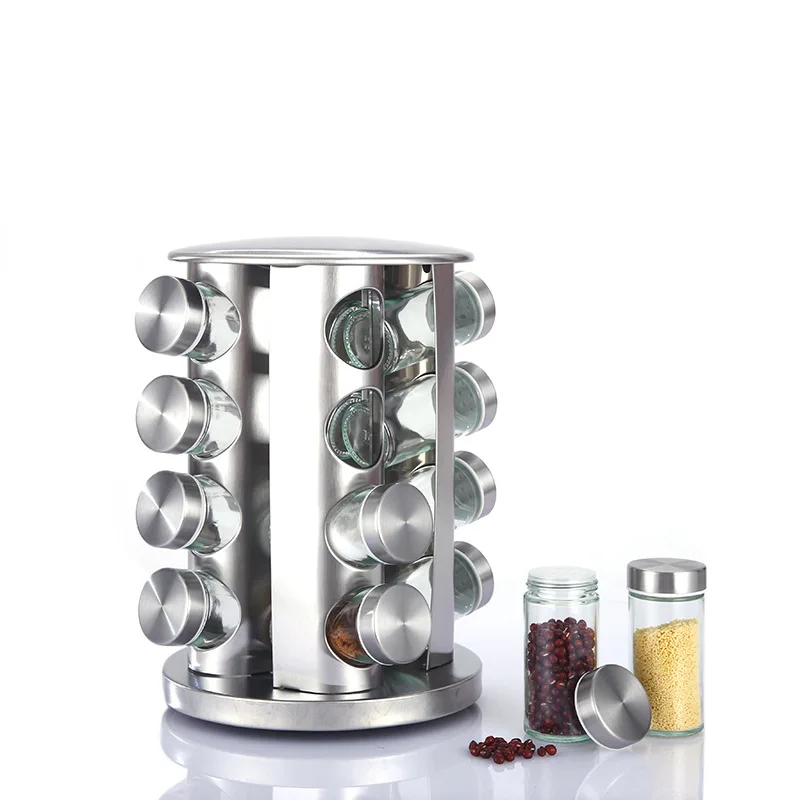 Household Kitchenware Counter Rotating Spice Bottle Seasoning Jar Storage Rack Organizer Top Standing Stainless Steel Silver
