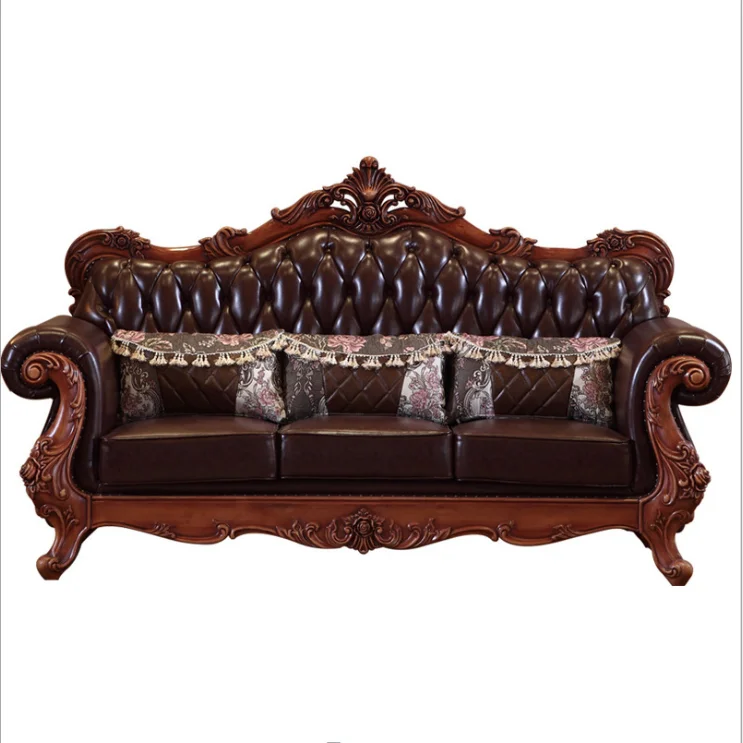 Wooden American leather bed oak carved European luxury villa 1.8 M double leather bed