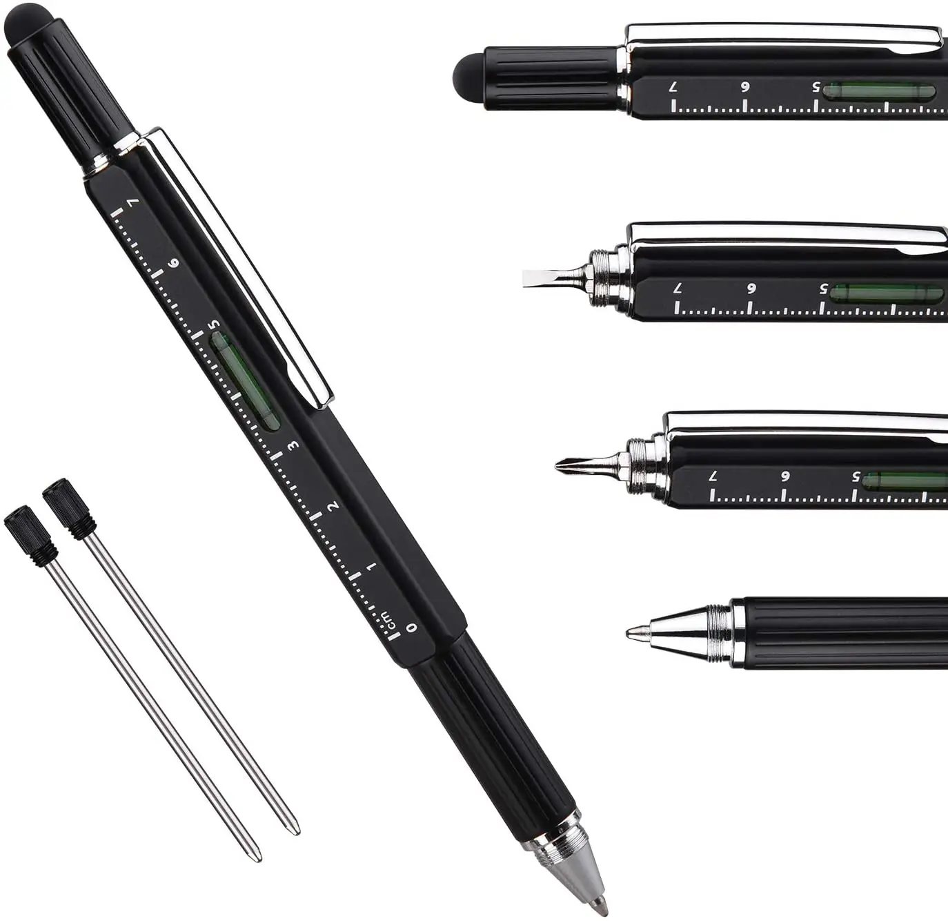 6 in 1 Screwdriver Tool Pen - Mini Multifunction Pen with Stylus, Flat and Phillips Screwdriver Bit, Bubble Level and inch cm Ru