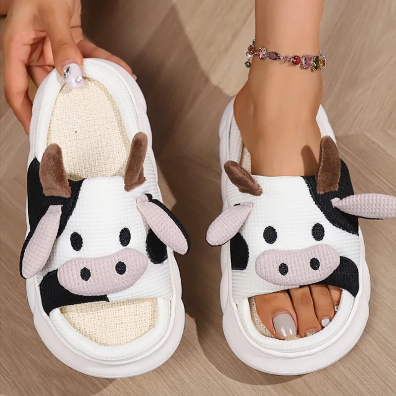 best selling vaquita Milk Cow lady Slippers linen Cartoon Soft Padded Warmth Chinelos pantoffe Pantoufles pantuflas