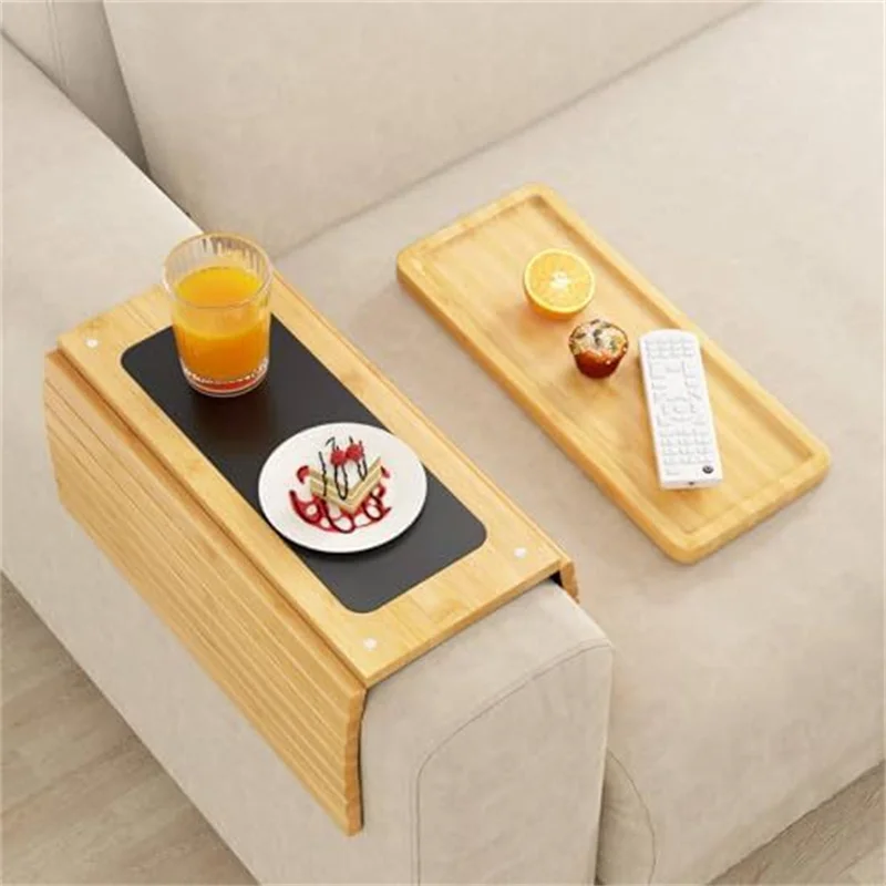 Bamboo Sofa Arm Tray Table with Extra Removable Tray Anti-Slip Sofa Armrest Trays