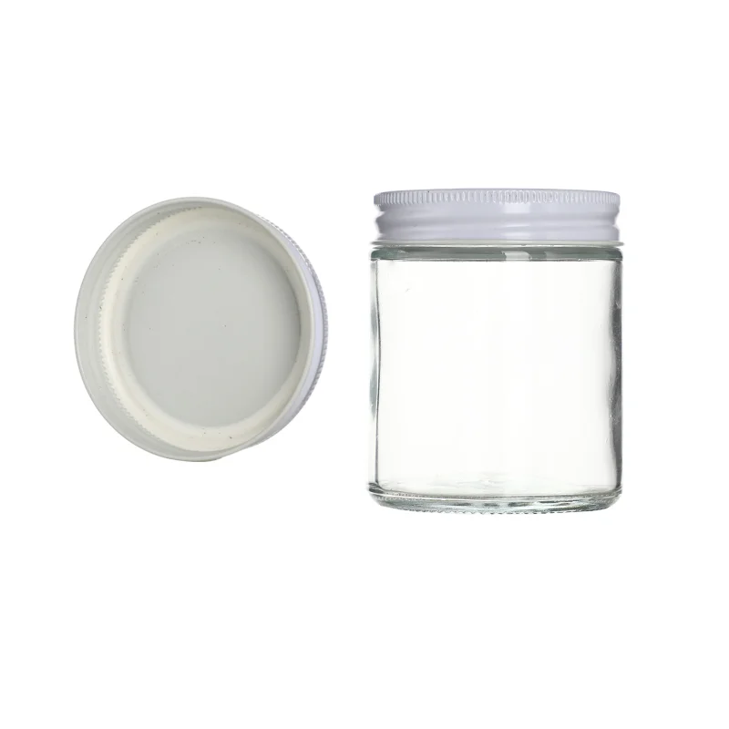 9 ounce Straight sided clear food safe glass jar peanut butter jar with black lid