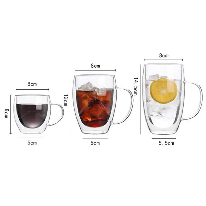 Hot Selling 250ml/350ml/450ml Transparent Double Wall Coffee Cups Glass Mug With Handle