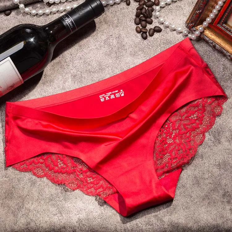 Solid Color Ice Silk Lace Panties Women Lace Side Underwear Seamless Breathable Briefs Nylon For Girls Ladies Cotton Crotch