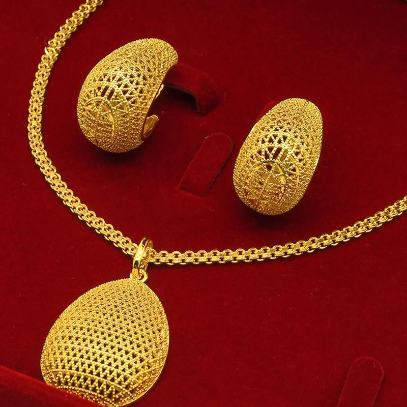 Роскошные 24K позолоченный Дубай комплект ювелирных изделий свадебное ожерелье серьги бразильское позолоченное Африканское украшение набор для женщин