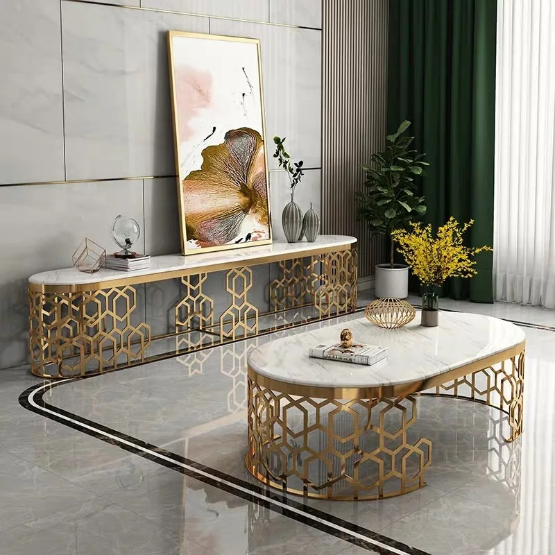 Luxury gold stainless steel frame marble top coffee table and tv stand furniture set for living room