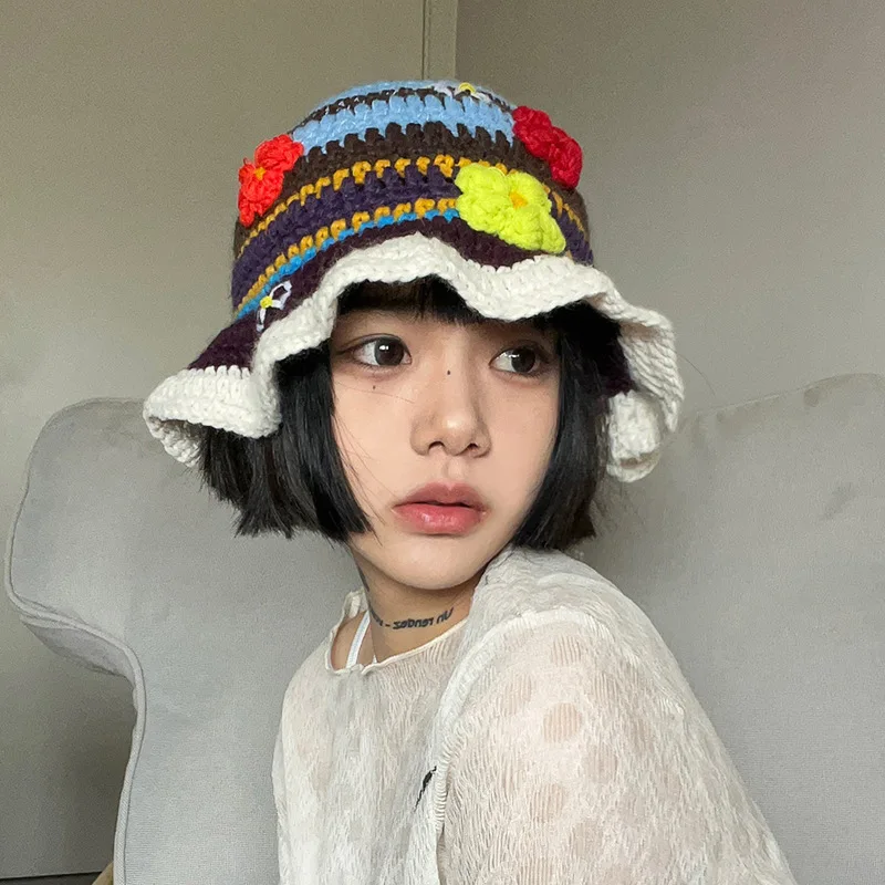 2023 Vintage hollow niche crochet hand 3-dimensional flower contrast plaid flower knitted fisherman hat