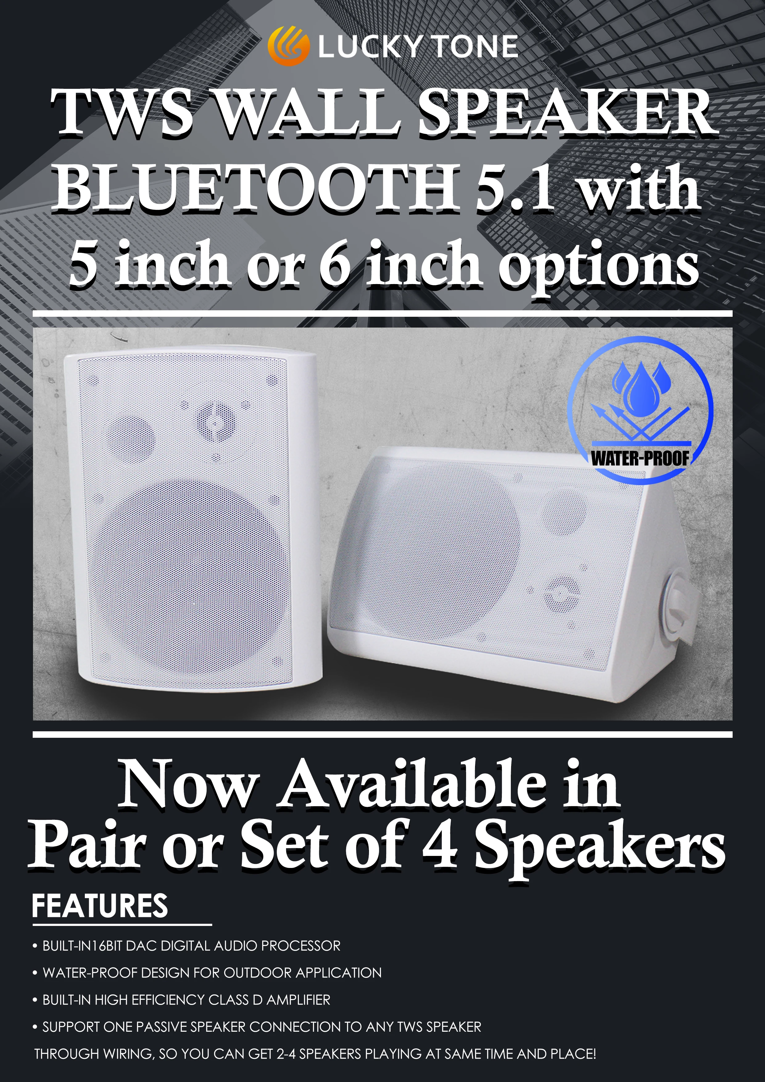 TWS True Wireless Blue-tooth Waterproof Outdoor Indoor Wall Mount Speaker With High Performance PA Public Address Loudspeaker