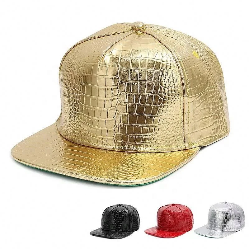 2019 Factory Wholesale Diamond Gold Dj Rap Snapback Cap PU Leather Baseball Hip Hop Cap Rhinestone Crocodile Leather Cap