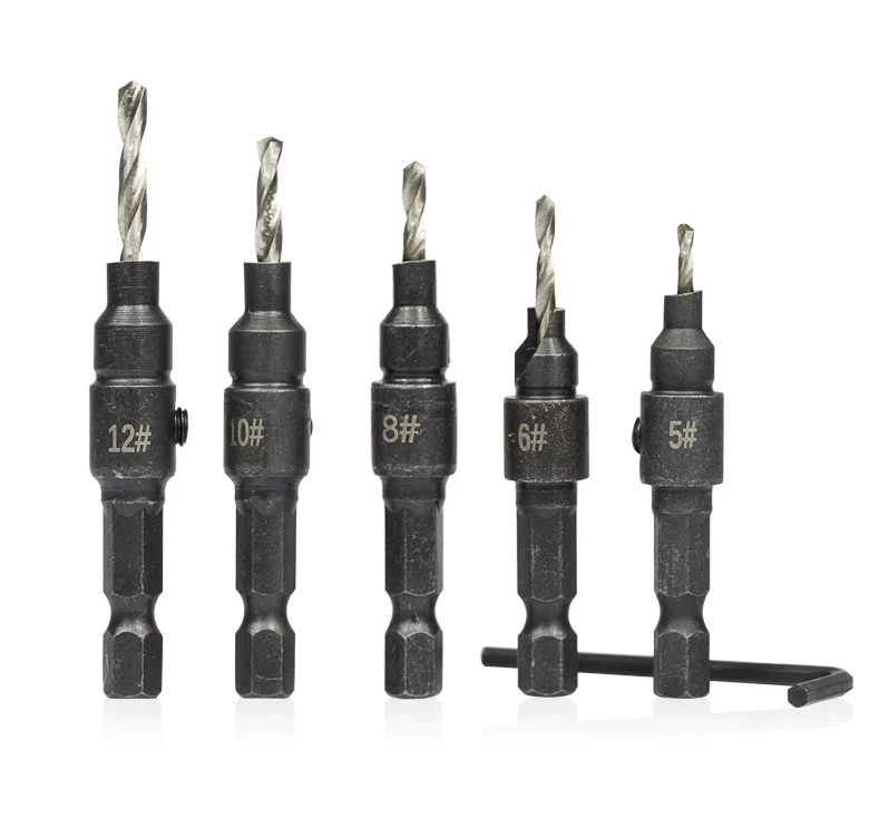 5pcs Countersink Drill Bit Set Hex Shank Wood Hole Drilling Cutter Pilot Holes For Screw Twist Drill Bit #5 #6 #8 #10 #12