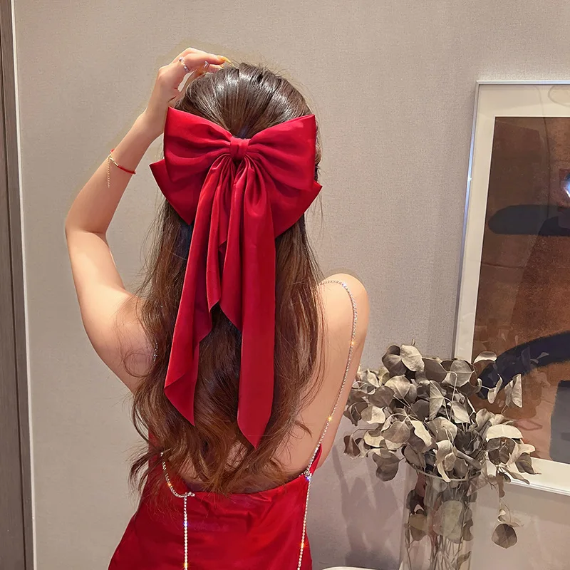 Red Ribbon Bow Hair Clip Summer the Back of Head Hair Clip Super Fairy Headdress Elegant Clip for Women