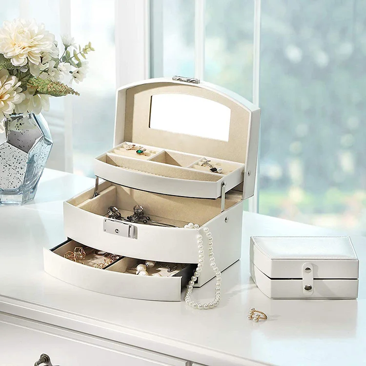 Luxury leather white three drawers jewelry box with mirror hinge and lock desktop velvet travel jewelry packaging box