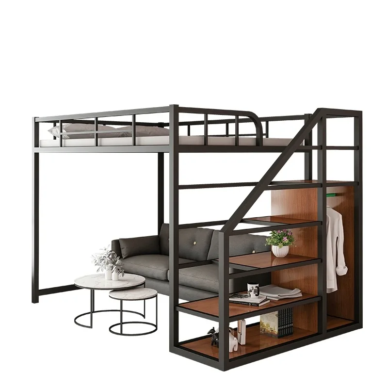 Metal Loft Bunk Bed with Storage Apartment Dormitory Iron Bed Space-Saving  Floor Bed Bedroom Furniture