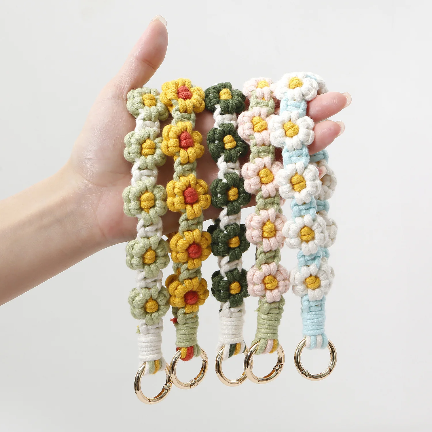 Bohemian Boho Woven Wrist Lanyard Keychain Little Daisy Chrysanthemum Flower Strap Webbing Macrame Wristlet Bracelets Keychains