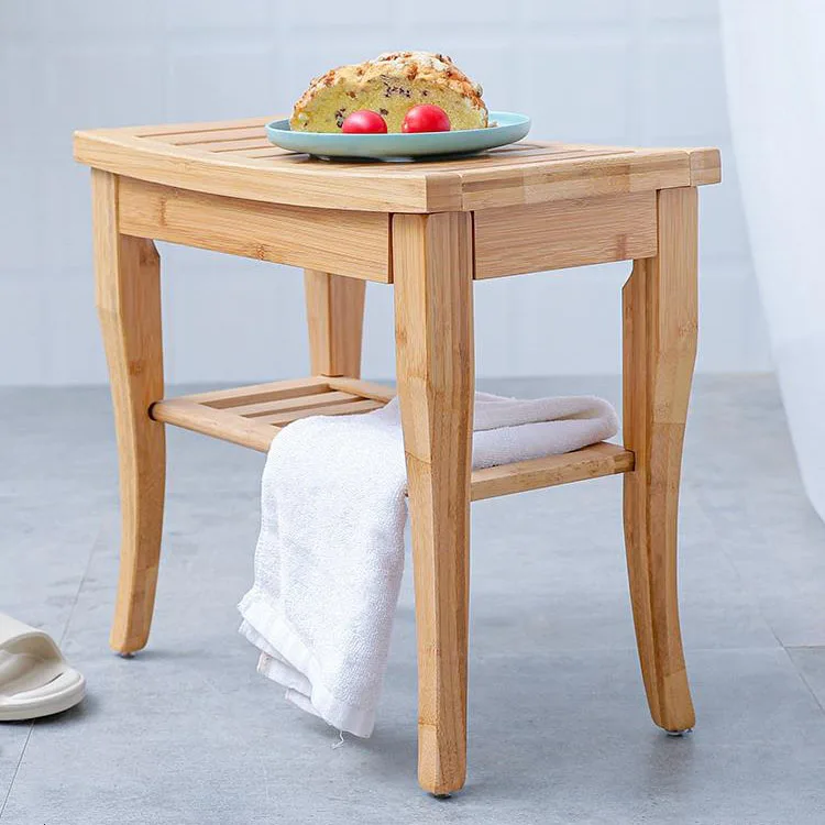 Waterproof Wooden Bamboo Shower Seat Bench With Storage Shelf
