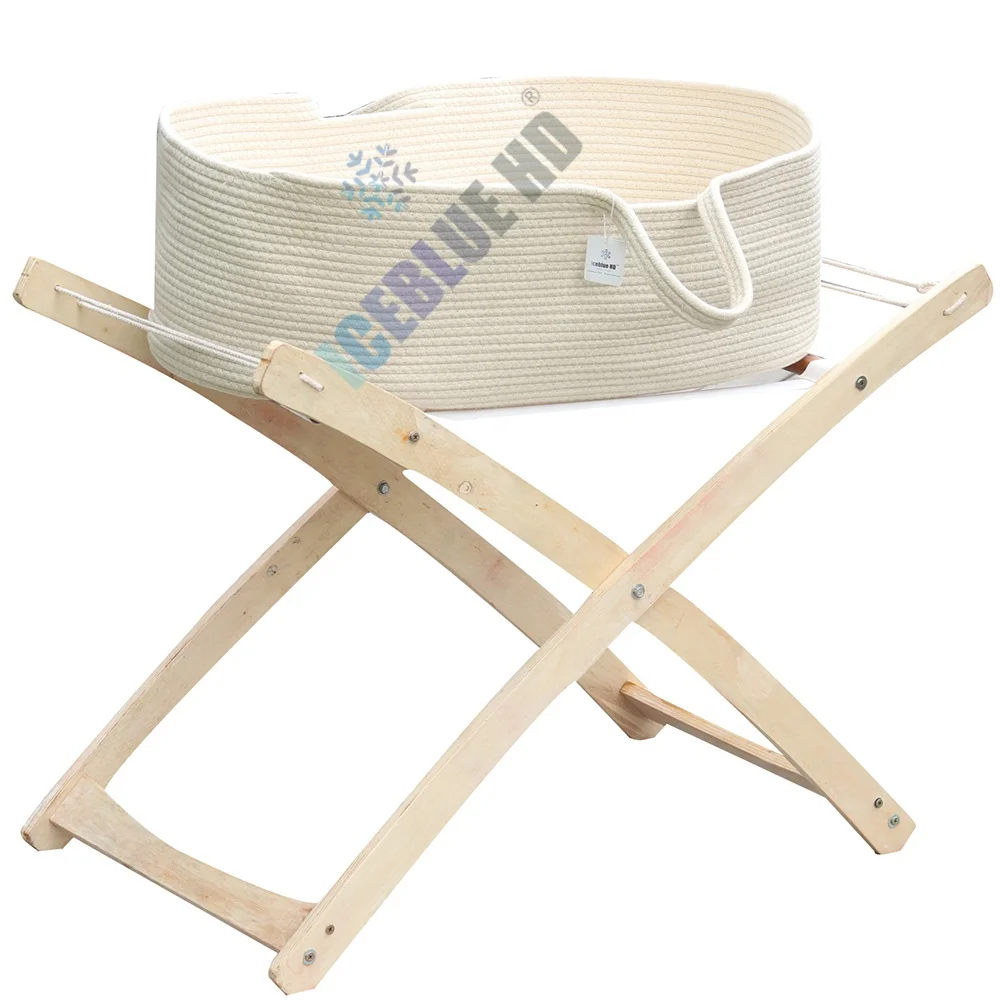 ICEBLUE HD Low MOQ Fast Delivery Customized Natural Cotton Woven Rope White Moses Basket and Wooden Stand