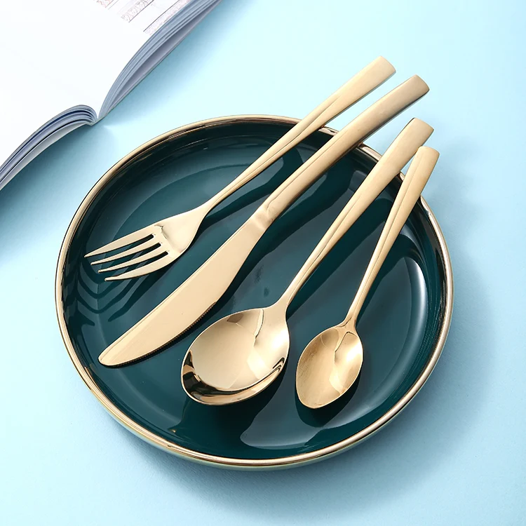 Manufacturers gold plated custom knife fork spoon set stainless steel fork and spoon 24 piece golden cutlery set in case