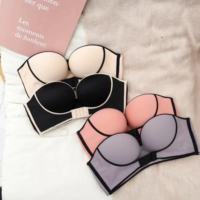 Invisible  Women Wedding Party Half Cup Gather Seamless Push Up Strapless Backless Bra Strapless Front Buckle Lift Bra