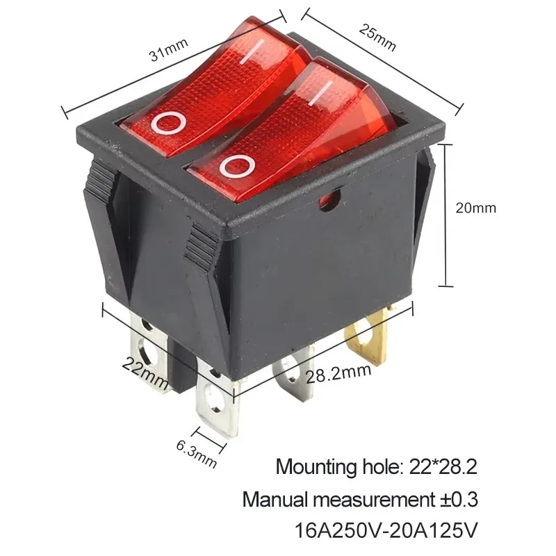 31*25mm Double Light Push Button Rocker Switch KCD4 16A/250V 20A/125V Boat 6Pin 2/3 Position Power Switchs ON-OFF/ON-OFF-ON