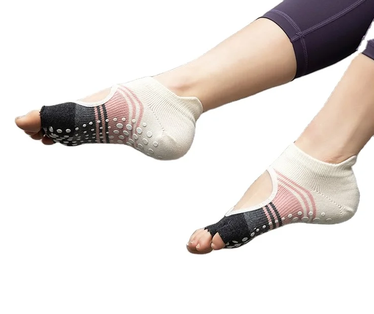 Pilates yoga anti-slip custom size wholesale large quantity for women non-slip grips straps 5 finger-less socks