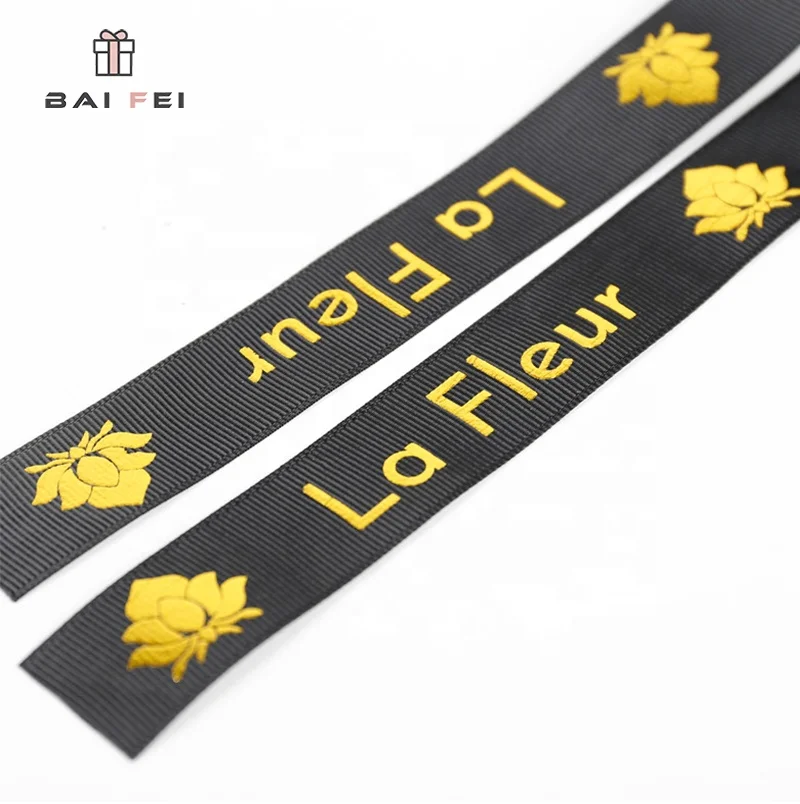 
BAIFEI PACKING gold foil printed logo white black satin ribbon custom ribbon tape silk ribbons 