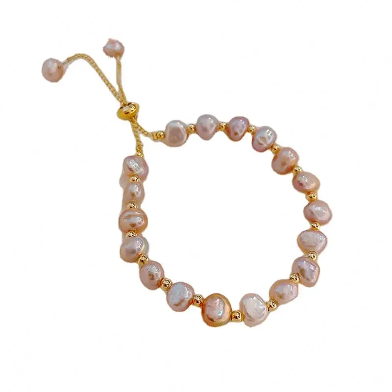 Luxury Vintage Style Pink White Freshwater Pearl Gold Plated Baroque Design Adjustable Beaded Bracelet