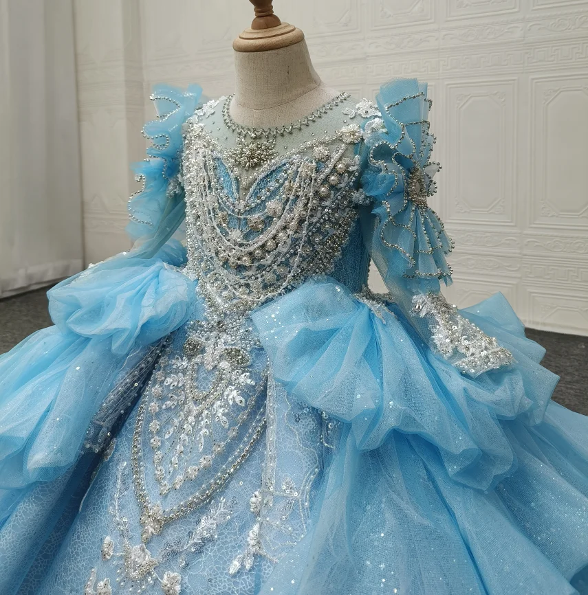 QUEENSGOWN fancy shining flower girls ruffles soft tulle heavy beaded party dress  Little Girls Birthday Gowns light blue Dress